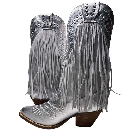 Dingo Western Cowboy Boots 1969 Gypsy Women's 9.5 Snip Toe Silver Leather Fringe - Picture 2 of 10